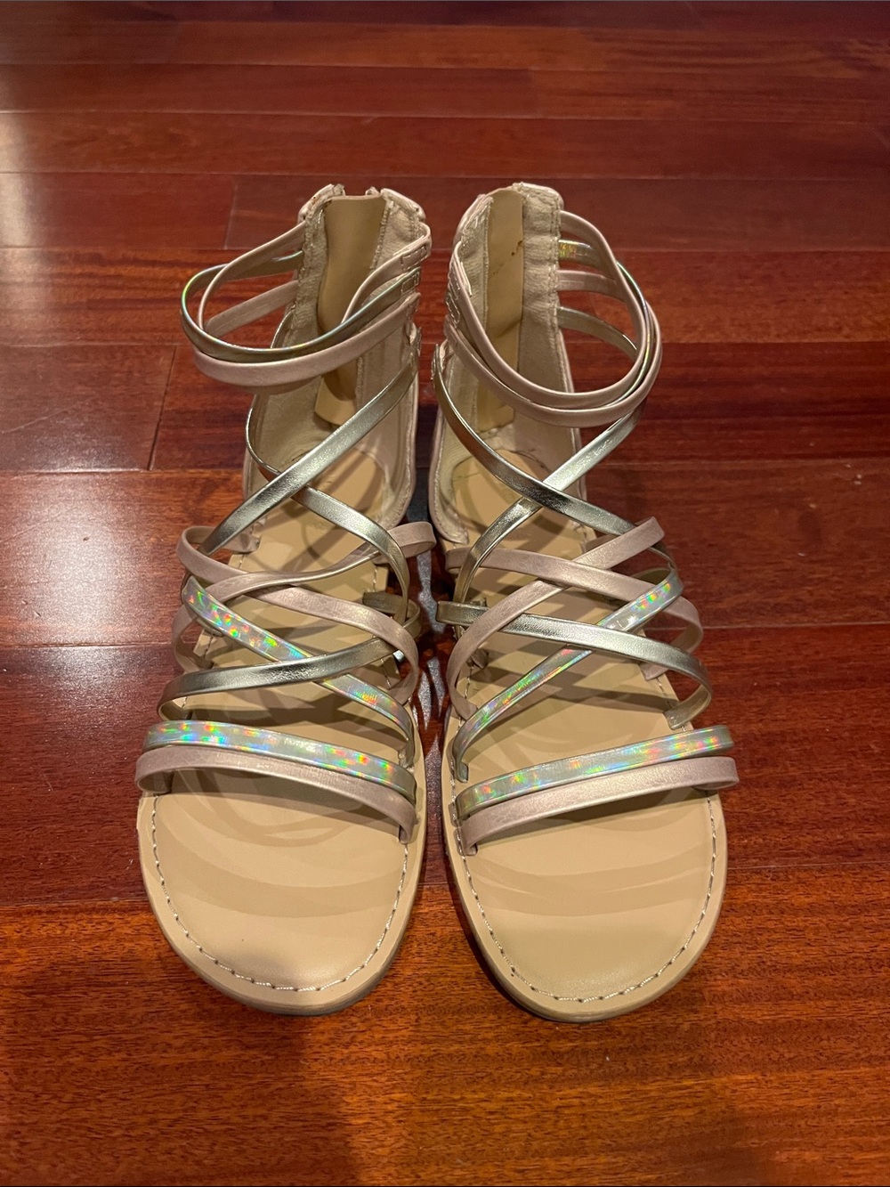 Cat & Jack Girls' Holographic Strappy Sandals in Beige and Silver
